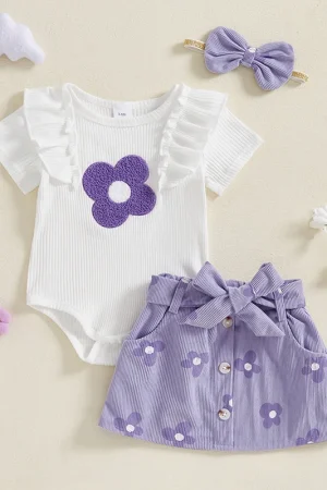Adorable Baby Girl Floral Print Romper with Matching Skirt and Headband Set for Summer Outings and Photoshoots