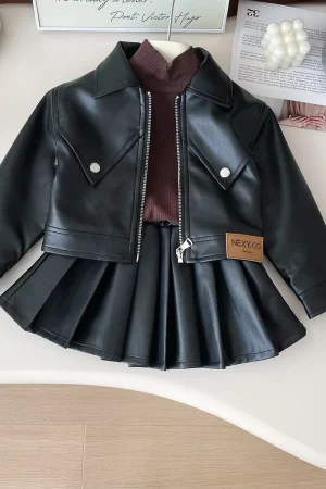 Two-piece Set for Girls Handsome Lapel Solid Leather Top + Solid Leather Pleated Skirt Kids Clothes Girls Toddler Girl Clothes