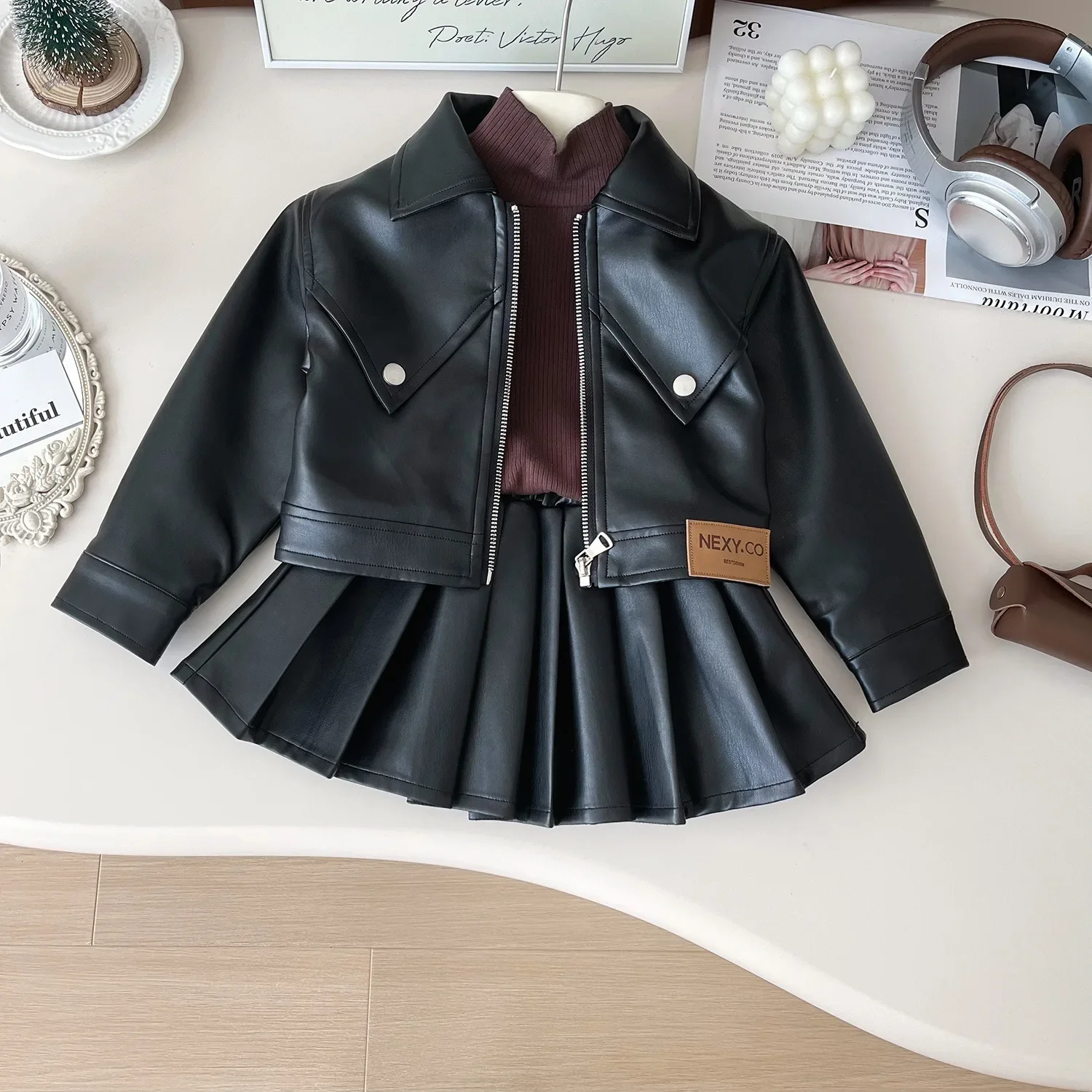 Two-piece Set for Girls Handsome Lapel Solid Leather Top + Solid Leather Pleated Skirt Kids Clothes Girls Toddler Girl Clothes