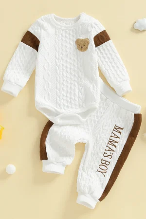 Adorable Baby Boy s Knit Set with Cute Animal Embroidery and Cozy Textured Romper and Pants - 2 Piece Fashion Ensemble