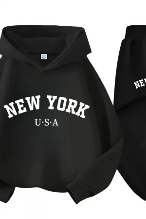 Children Hoodie Tracksuit Autumn Winter New York USA Letter Graphic Sweatshirt Pant Suit Baby Boy Girl Kid Sport Two Pieces Set