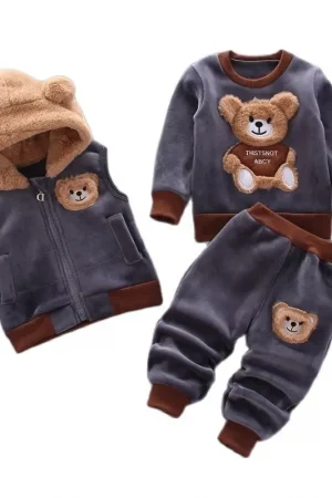 Baby Boys And Girls Clothing Set Tricken Fleece Children Hooded Outerwear Tops Pants 3PCS Outfits Kids Toddler Warm Costume Suit