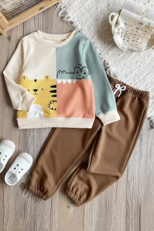 Boys' Autumn And Winter Color-Block Cartoon Animal Sweatshirt And Pants Set, Tiger And Crocodile Print Casual Sportswear