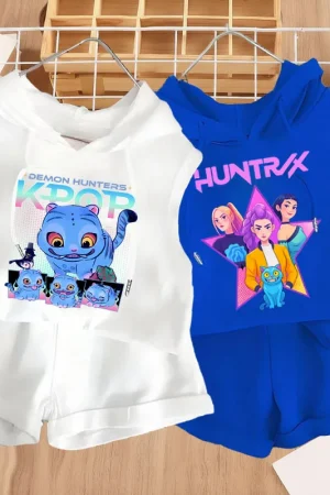 K-POP Summer Girls Hooded Sleevelss Tops and Shorts Two Piece Set Cartoon Printed Kids Casual T Shirts Sets Children Shorts Set