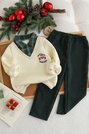 The New Christmas Set For Boys In Autumn And Winter Features A Checkered Lapel Santa Claus Print Hoodie And Corduroy Trousers