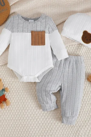 3Pcs/Set of Newborn Baby boy Color Blocked Long sleeved Bodysuit+Pants+Cute Hat Set 0-18 Months Baby boy Spring and Autumn Set