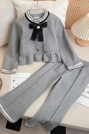 Bow Top and Bell-bottom Pants Coat Autumn Winter Suit for Girls Girls' Clothes Set Fashion Children's Clothing Girl Setup Outfit