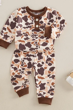 Infant Boys Fall Outfits Camouflage Letter Pattern Long Sleeve Crew Neck Rompers with Elastic Waist Pants 2 Pcs Set