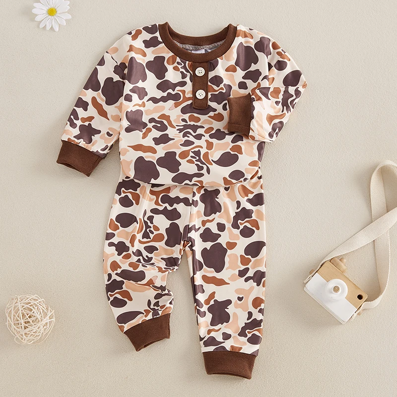 Infant Boys Fall Outfits Camouflage Letter Pattern Long Sleeve Crew Neck Rompers with Elastic Waist Pants 2 Pcs Set