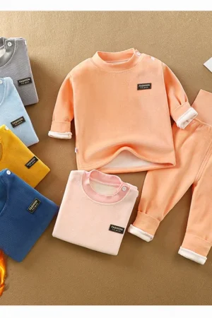 Baby Double Fleece Thickened Thermal Underwear Set 0-4Y Kid Boy Girl High Waist Warm Homewear Top and Pants Autumn Winter Outfit