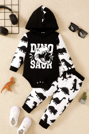Winter 0-1 Years Old Infant Baby Boys Dinosaur Print Long Sleeved Hooded Sweatshirt Casual 2-Piece Set