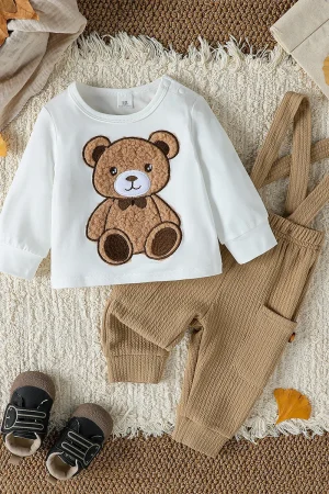 2PCS Baby Boys Boys Autumn Cute Long Sleeve Top With Bear +Button Jumpsuit Playsuit Overalls Sets Clothes Casual Outfits