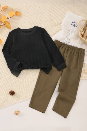Autumn And Winter Basic Versatile Set For Boys: Black Long-Sleeved Shirt With Wheat Ear Print And Straight-Leg Pants, 2 Pieces